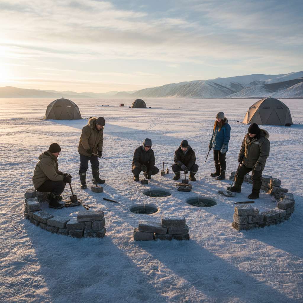 Grupo unido a pescar num lago gelado, inverno solarengo