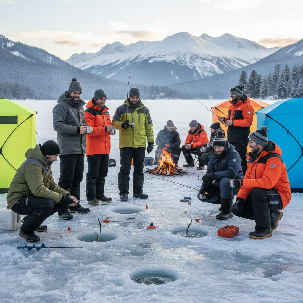 Equipa empresarial num evento de pesca no gelo, paisagem de lago gelado