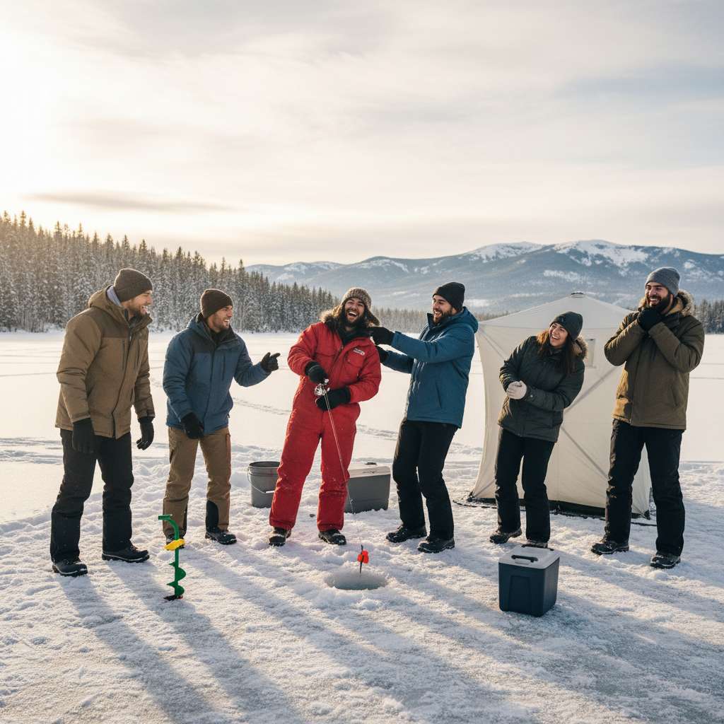 Grupo a rir-se em ambiente descontraído na neve